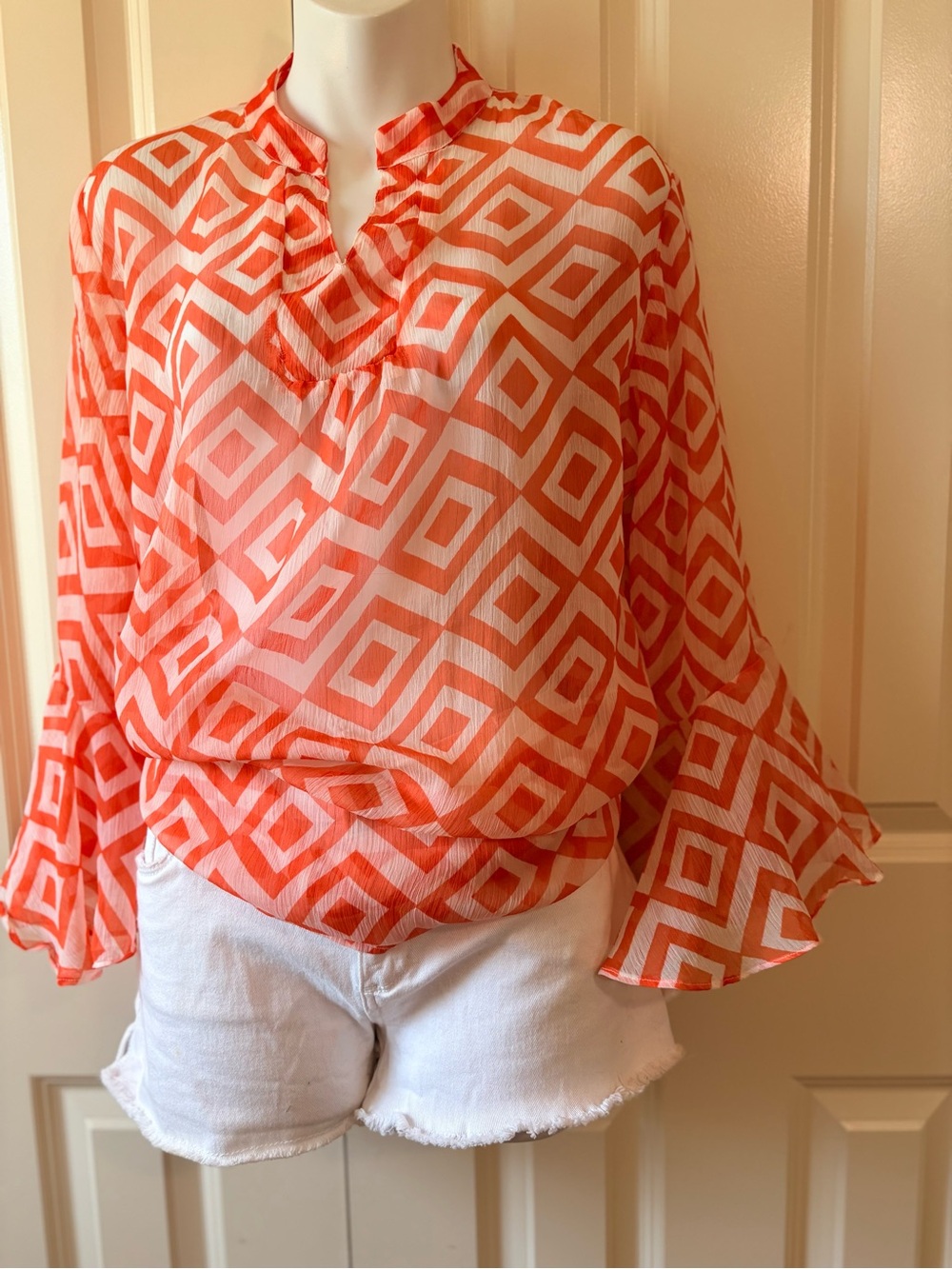 Womens Orange Geometric Printed Peasant Blouse